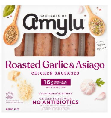 Amylu Roasted Garlic & Asiago Chicken Sausages, 12 oz